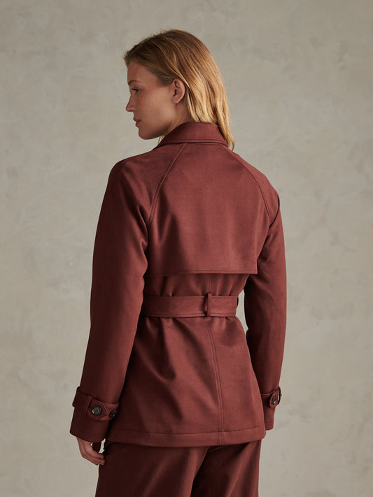 Womens Short Suedette Belted Trench Coat Huckleberry