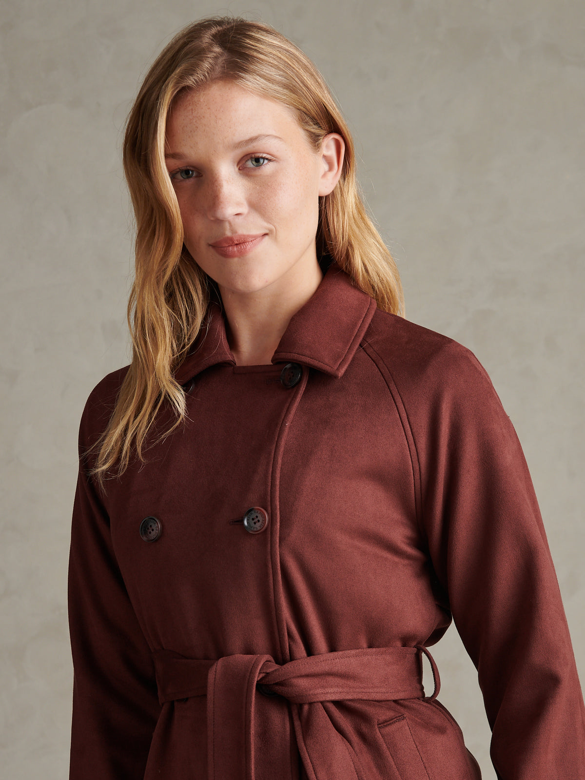 Womens Short Suedette Belted Trench Coat Huckleberry