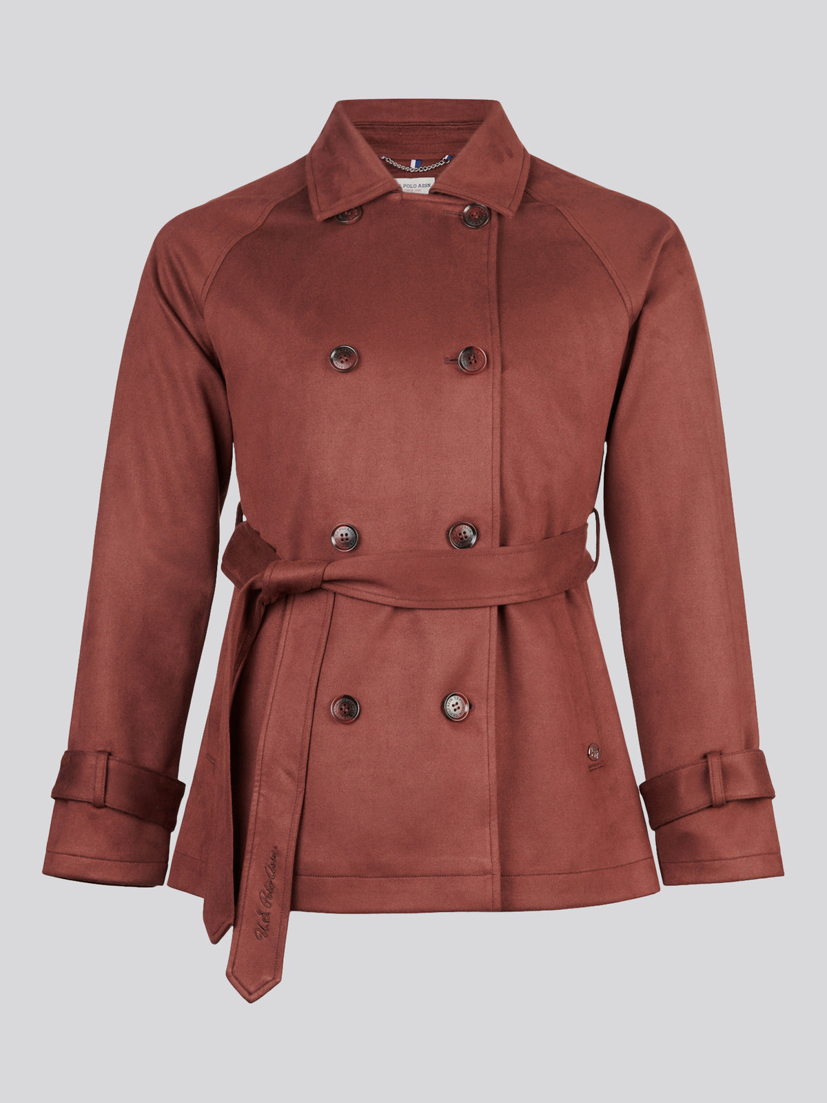 Womens Short Suedette Belted Trench Coat Huckleberry