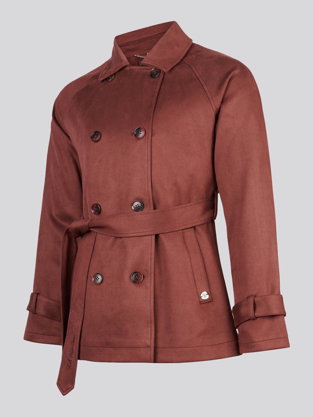 Womens Short Suedette Belted Trench Coat Huckleberry