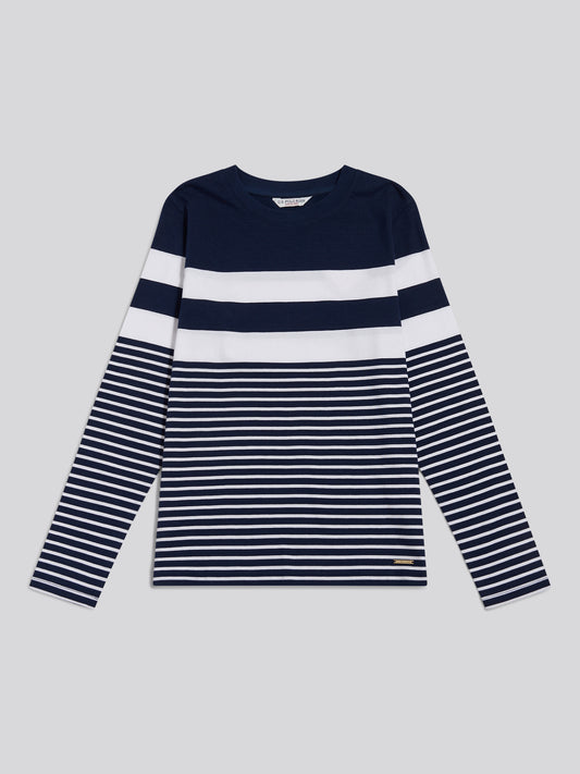 Stripe Variation Contrast Collar LS Top Navy Iris
