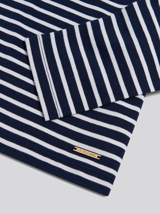 Stripe Variation Contrast Collar LS Top Navy Iris