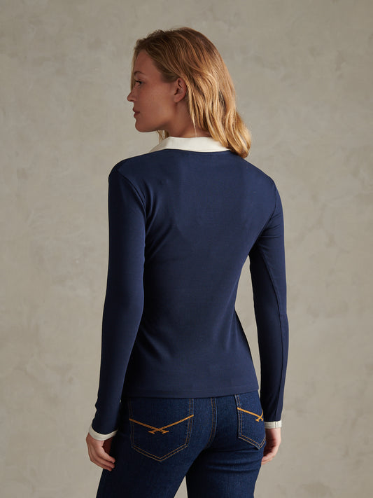 Womens Contrast Collar Long Sleeve Polo Shirt Navy Iris