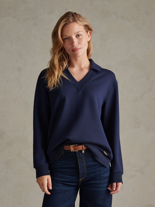 Womens Open Collar Split Hem Jumper Navy Iris