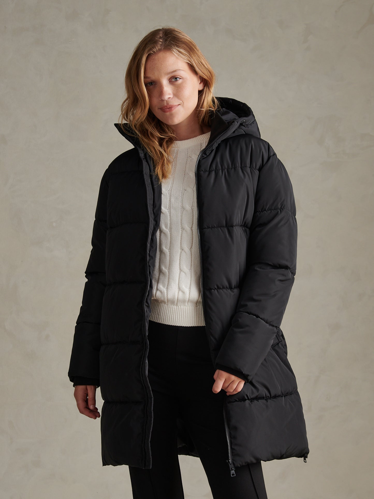 Womens Mid-Length Zip Detail Puffer Coat Black