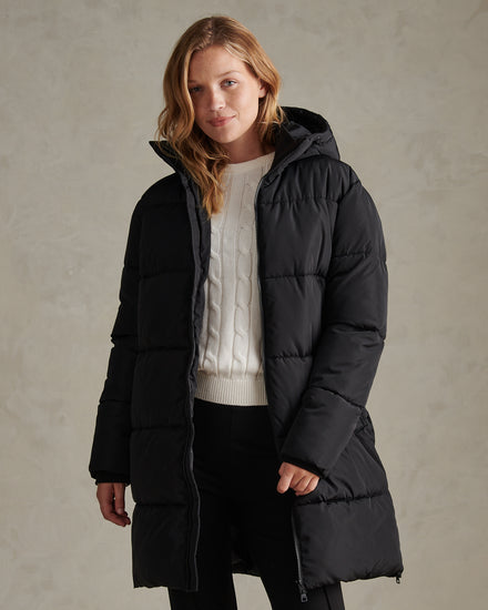 Womens Mid-Length Zip Detail Puffer Coat Black