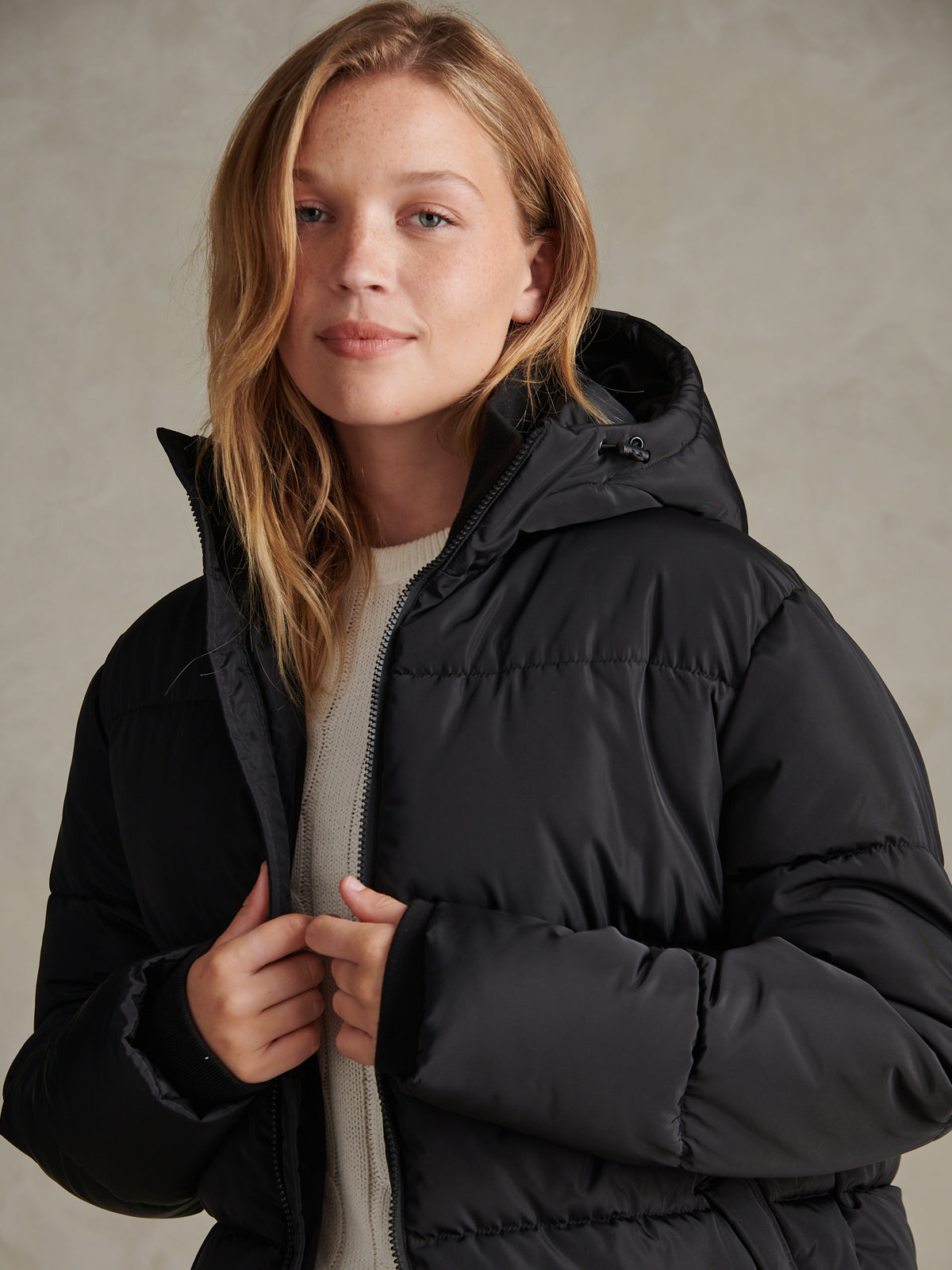 Womens Mid-Length Zip Detail Puffer Coat Black