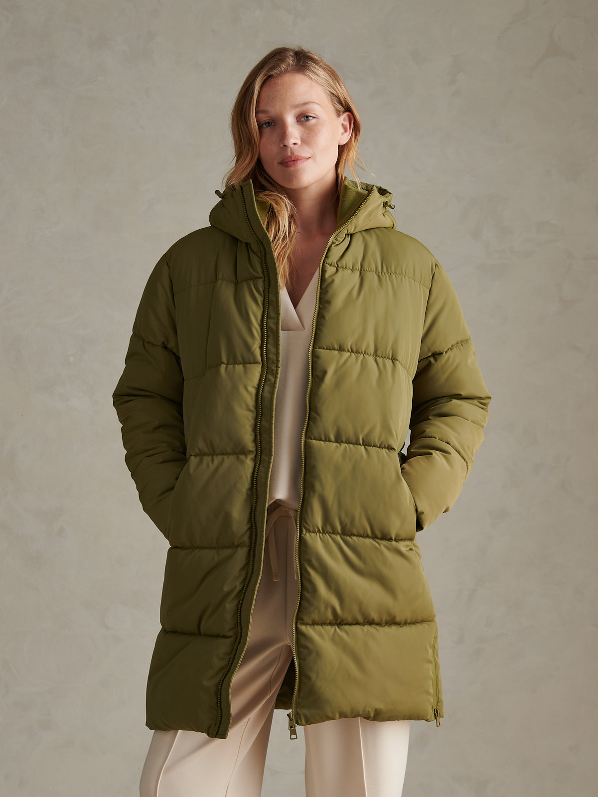 Womens Mid-Length Zip Detail Puffer Coat Olive Branch