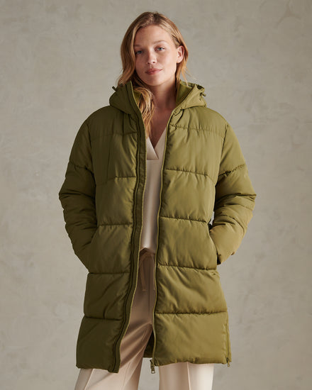 Womens Mid-Length Zip Detail Puffer Coat Olive Branch