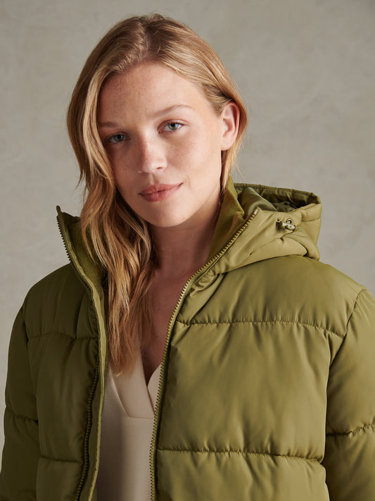 Womens Mid-Length Zip Detail Puffer Coat Olive Branch