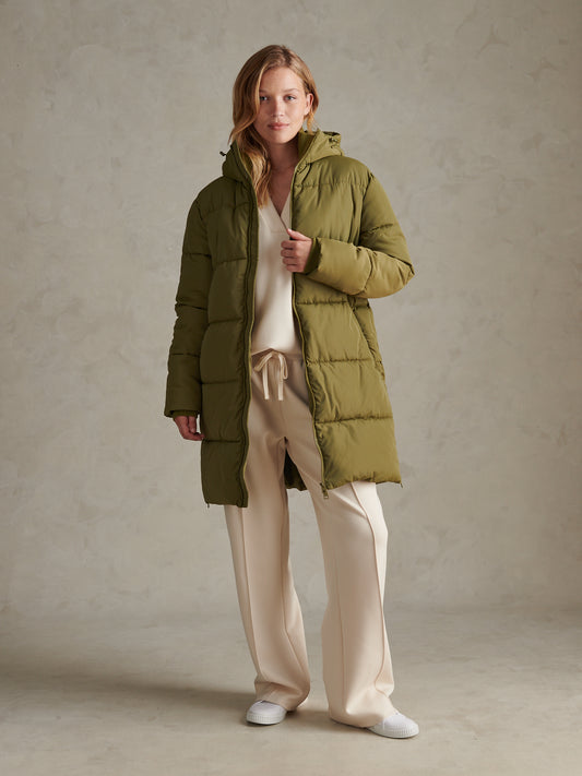 Womens Mid-Length Zip Detail Puffer Coat Olive Branch